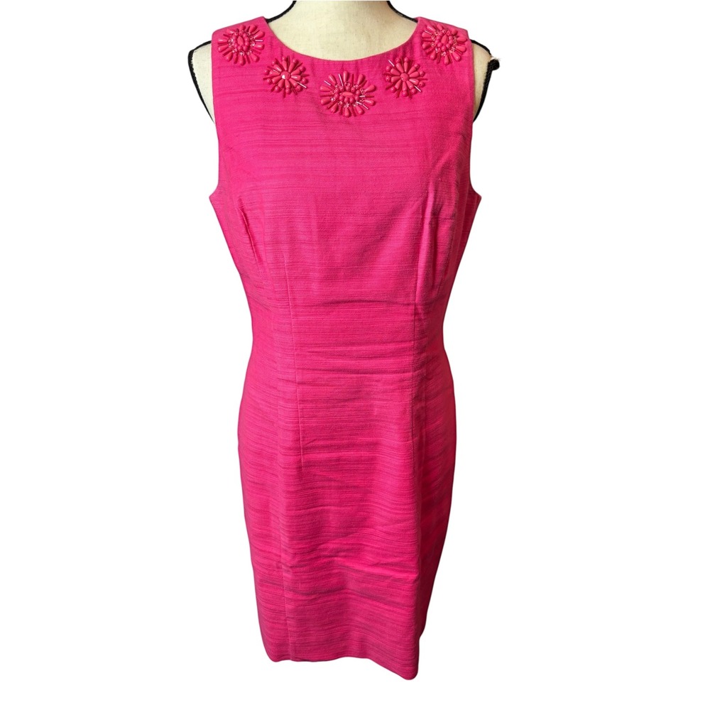 Jones New York Signature Hot Pink Beaded Linen Blend Sheath Dress 10